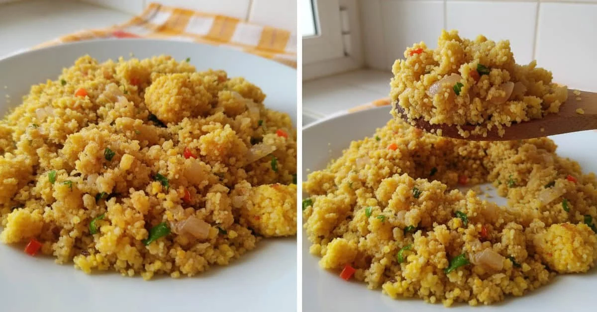 Golden Brazilian corn cuscuz farofa on a plate