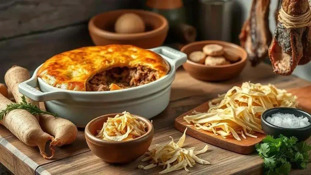 Golden cassava and beef pie beside grated cheese Golden cassava and beef pie beside grated cheese
