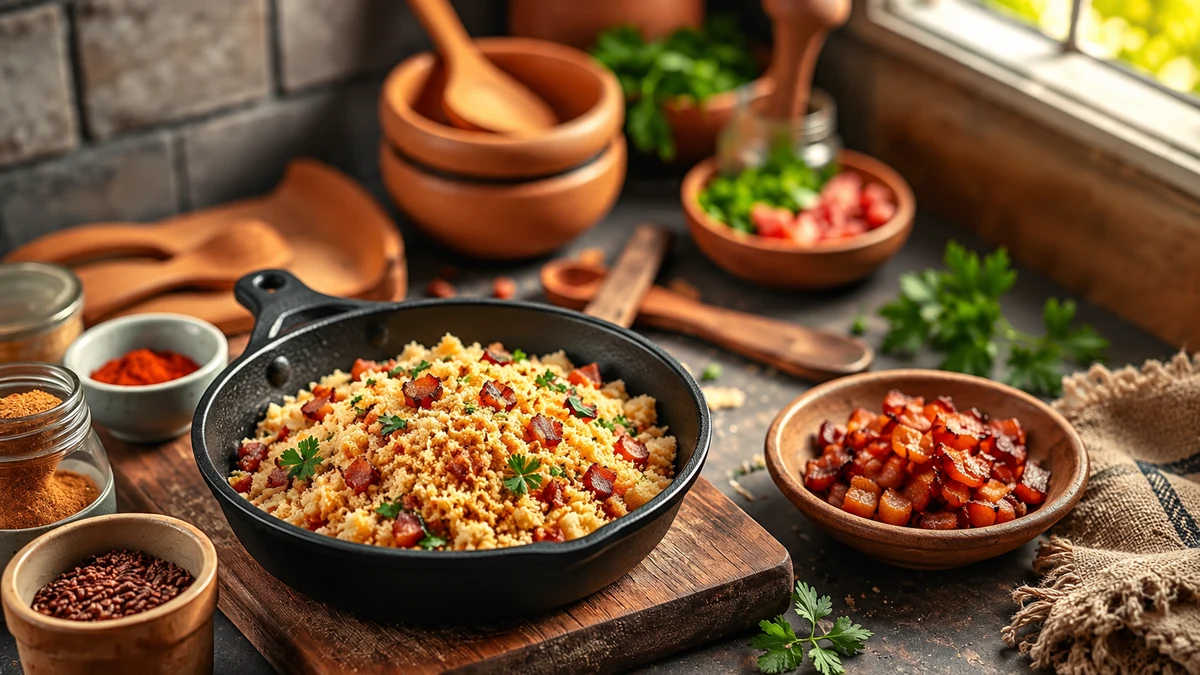 Golden cassava farofa with diced bacon and parsley in a pan