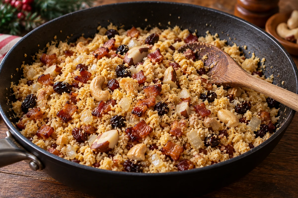 Golden cassava farofa with nuts cooking in a frying pan Golden cassava farofa with nuts cooking in a frying pan