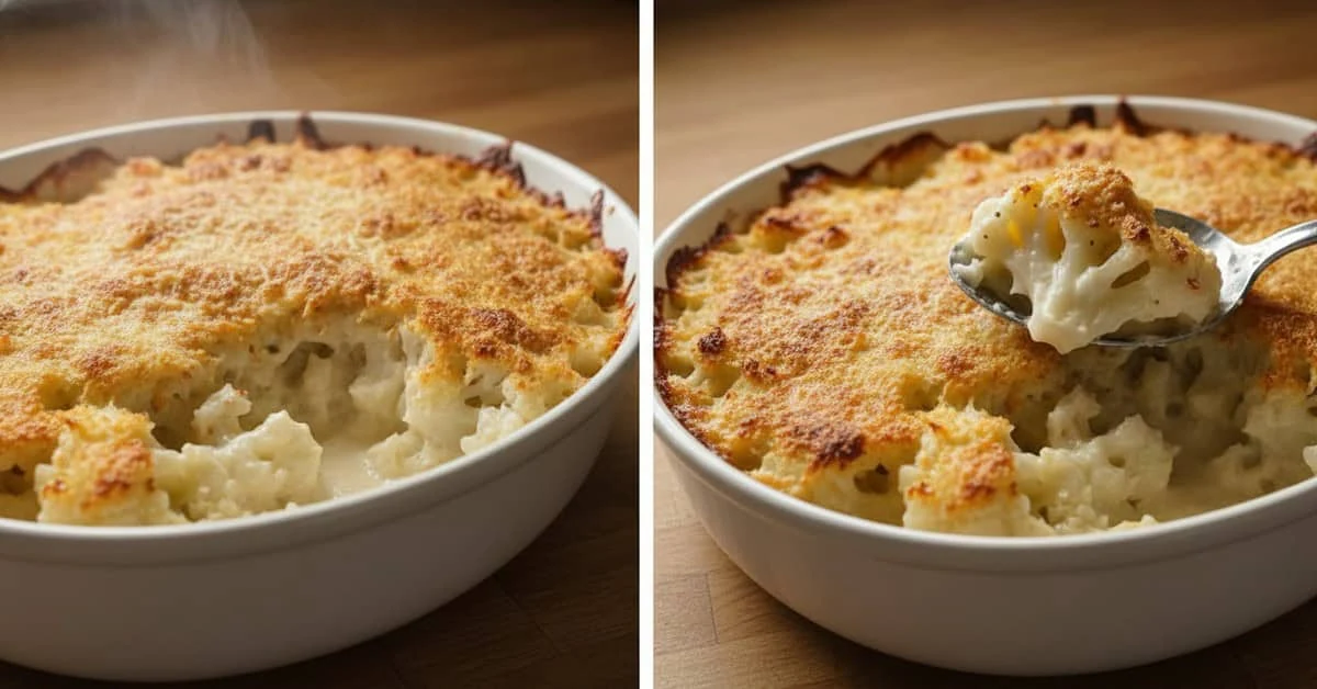 Golden cauliflower cheese gratin ready to serve