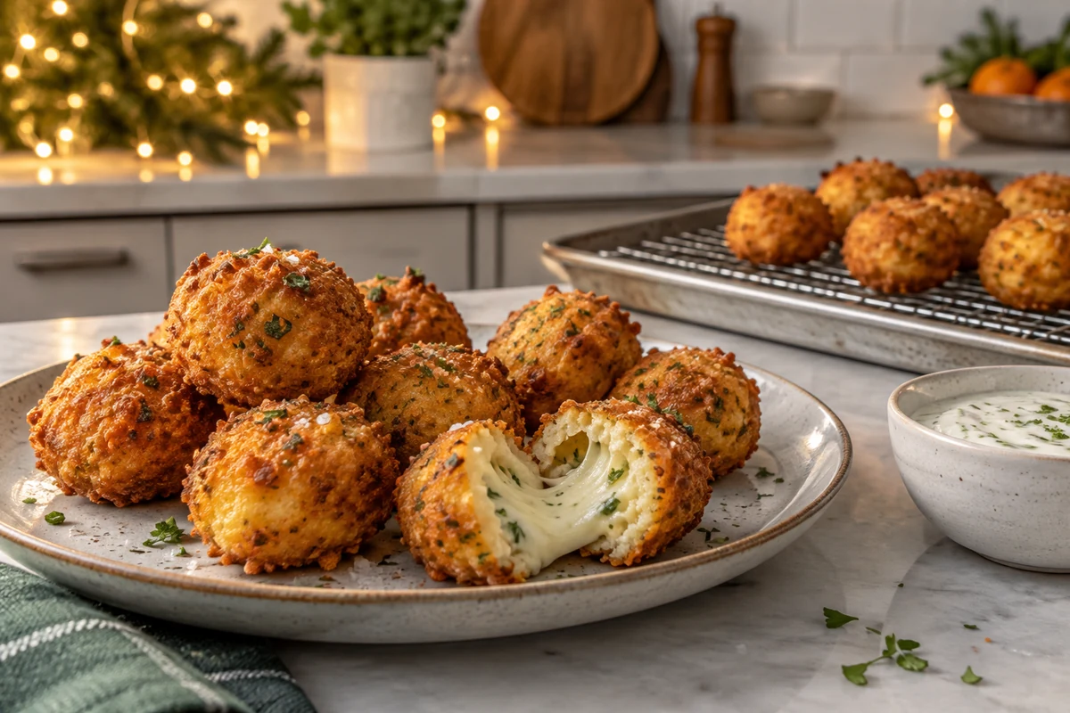 Golden cheese and herb fritters with a soft centre