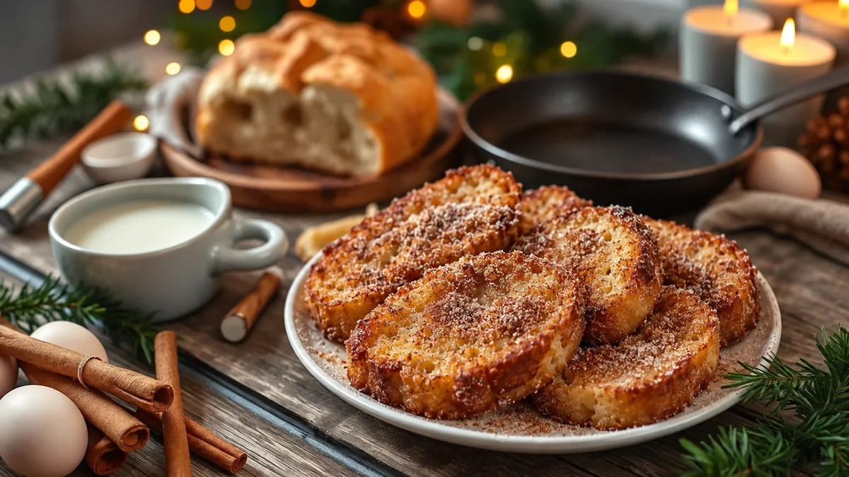 Golden cinnamon-sugar rabanada with milk, bread and Christmas decorations
