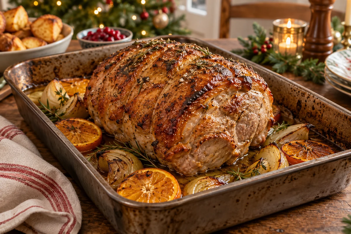 Golden citrus roast pork leg in a roasting tin