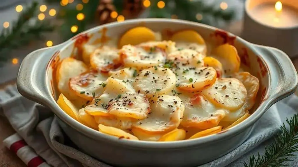 Golden creamy potato gratin with herbs in a baking dish