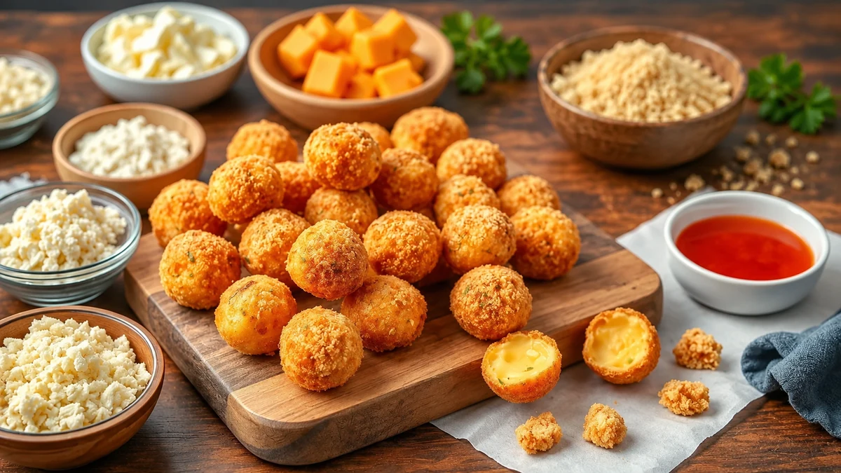 Golden crumbed cheese balls with a bowl of red dipping sauce