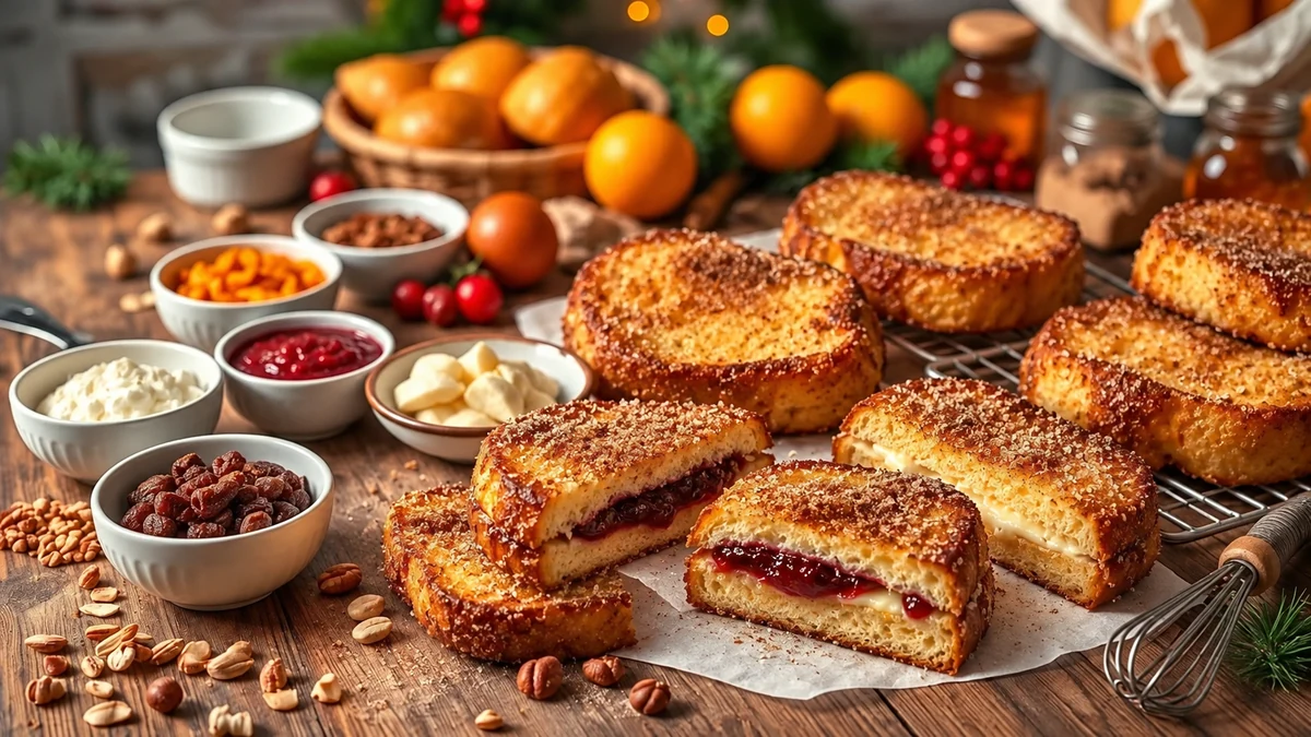 Golden French toast sandwiches with berry and cream fillings