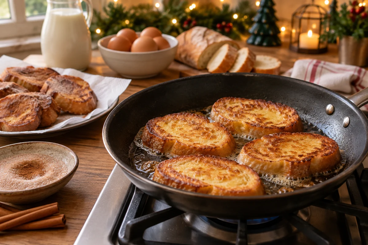 Golden French toast slices frying in a pan Golden French toast slices frying in a pan