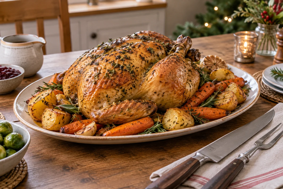 Golden herb butter roast chicken on a platter