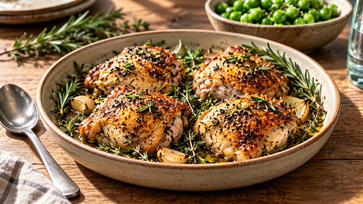 Golden herb-roasted chicken thighs in a ceramic serving dish