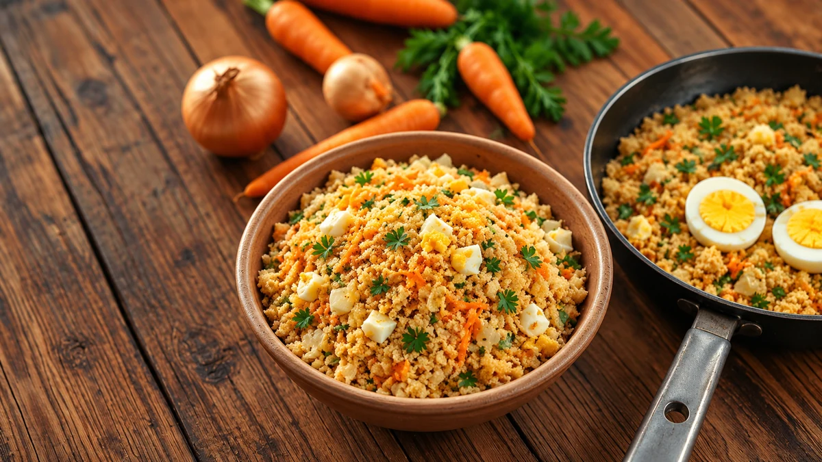 Golden onion and carrot farofa with chopped egg and parsley