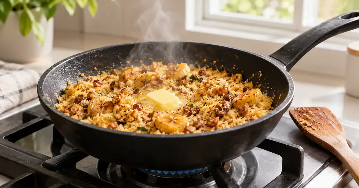 Golden plantain farofa in a frying pan