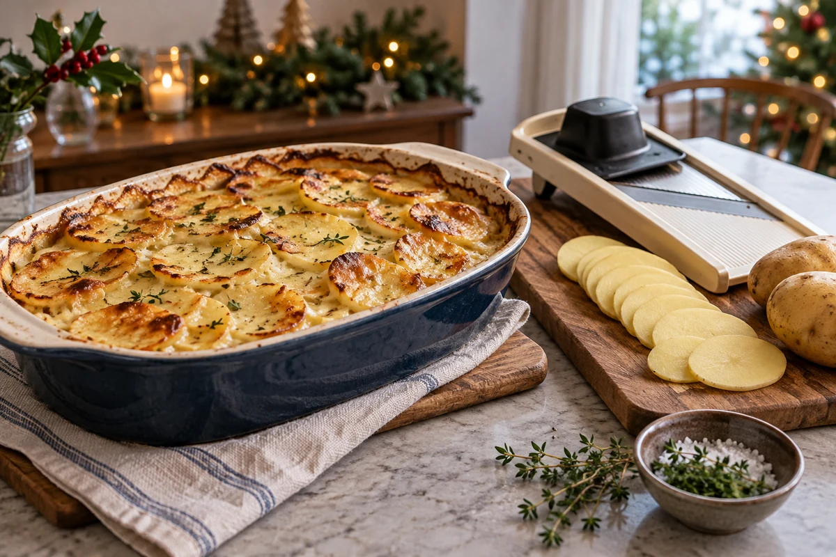 Golden potato gratin beside sliced potatoes and a guarded mandoline