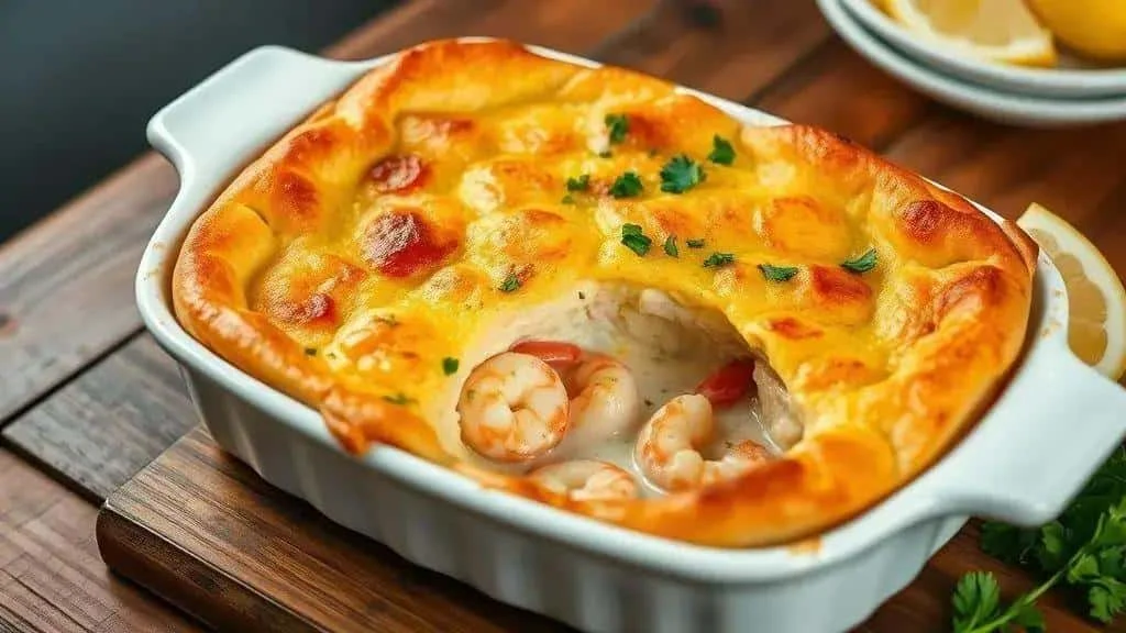 Golden prawn and cassava bake showing the filling