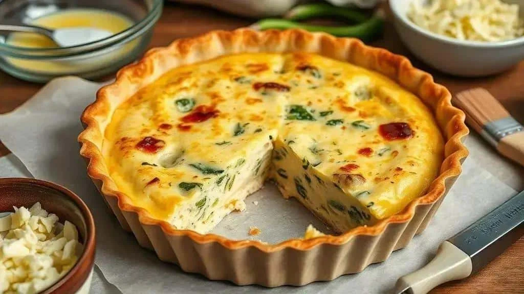 Golden quiche with a slice removed