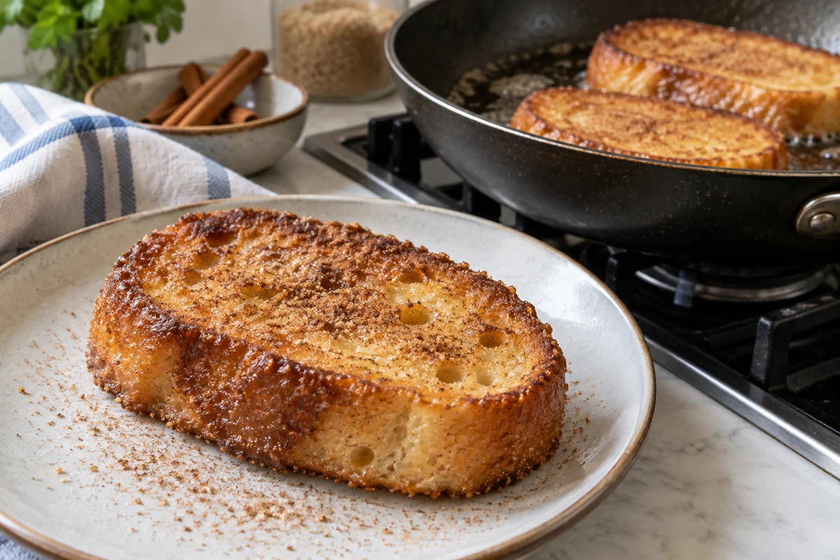Golden rabanada bread slices beside a frying pan