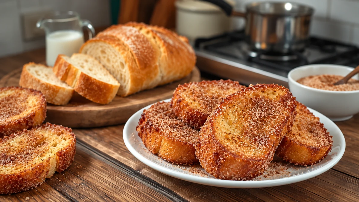 Golden rabanada slices coated in cinnamon sugar on a white plate