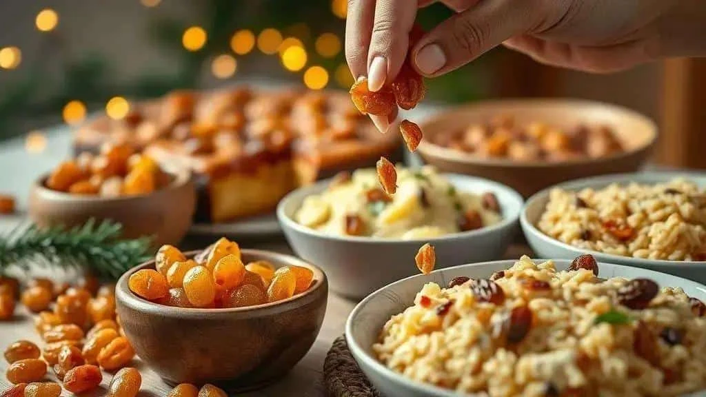 Golden raisins sprinkled over festive savoury rice