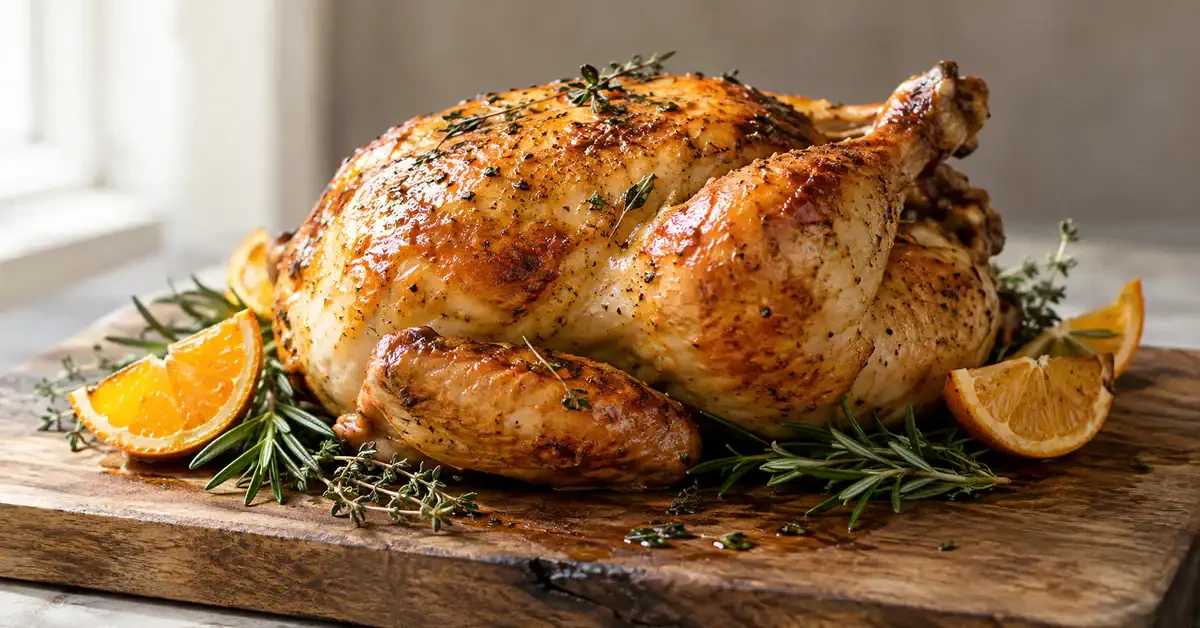 Golden roast chicken with orange and fresh herbs