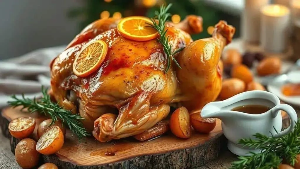 Golden roast chicken with orange and rosemary