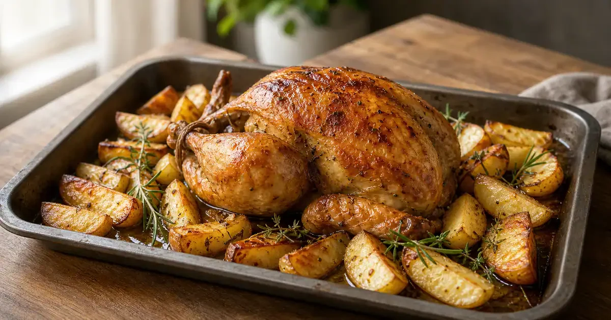 Golden roast chicken with potatoes and herbs