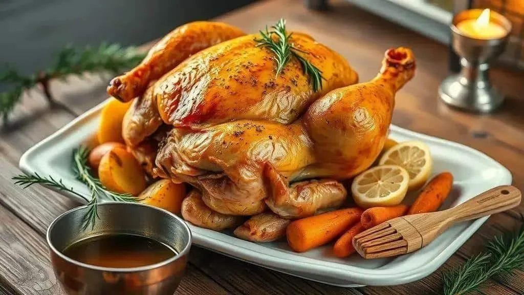 Golden roast chicken with potatoes, carrots and gravy Golden roast chicken with potatoes, carrots and gravy