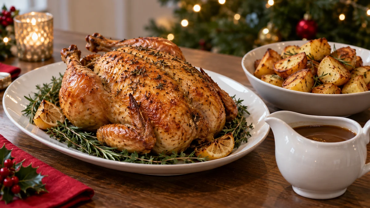 Golden roast chicken with separate roast potatoes