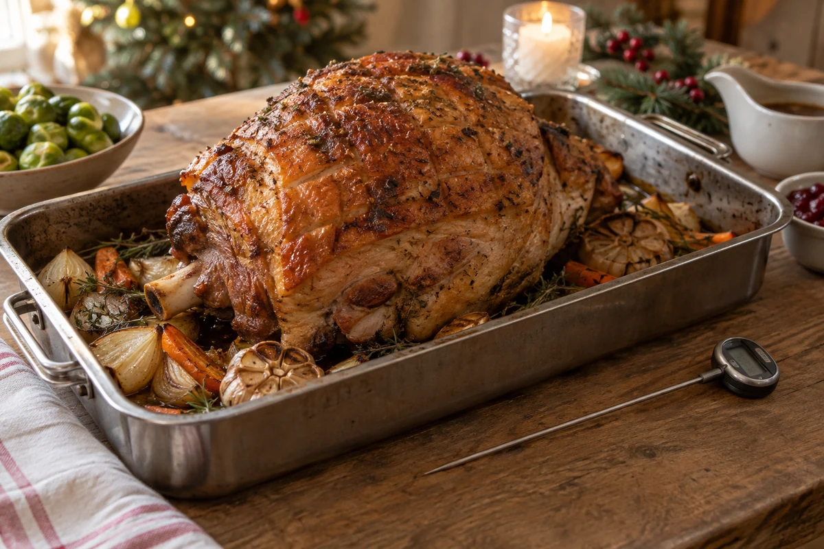 Golden roast pork leg resting in a roasting tin beside a separate ordinary probe thermometer