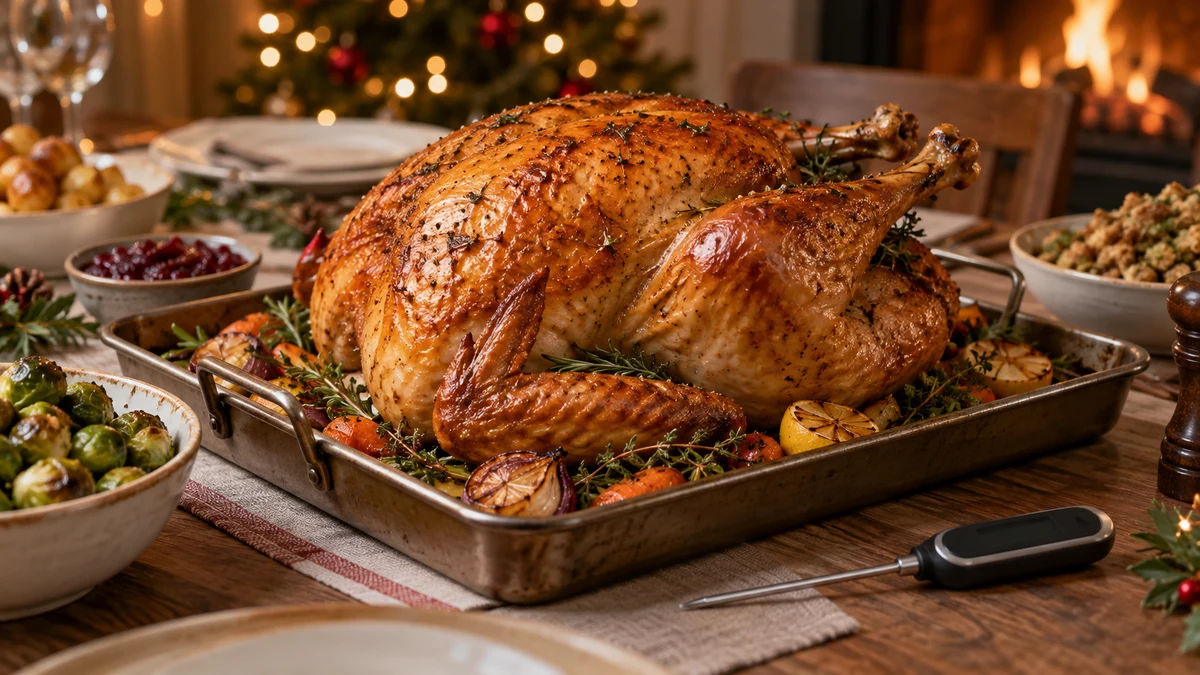Golden roast turkey with a food thermometer beside the tray
