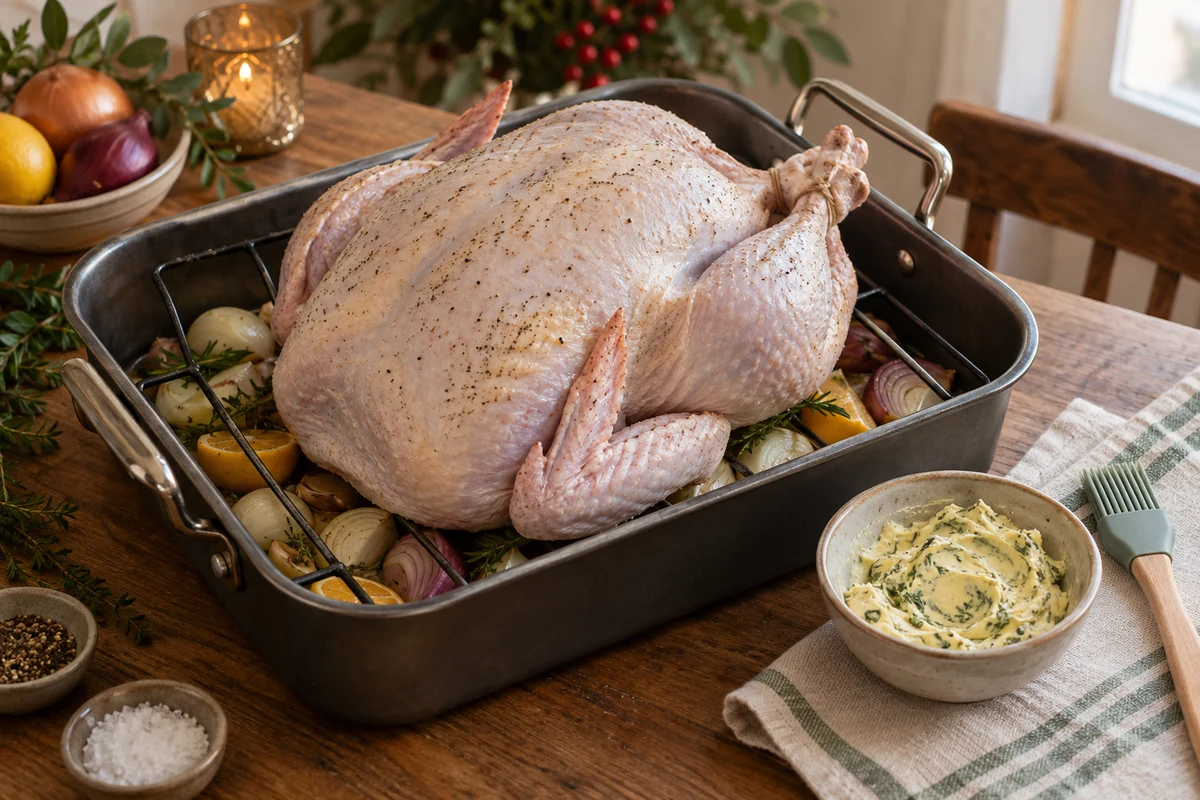 Golden roast turkey with vegetables