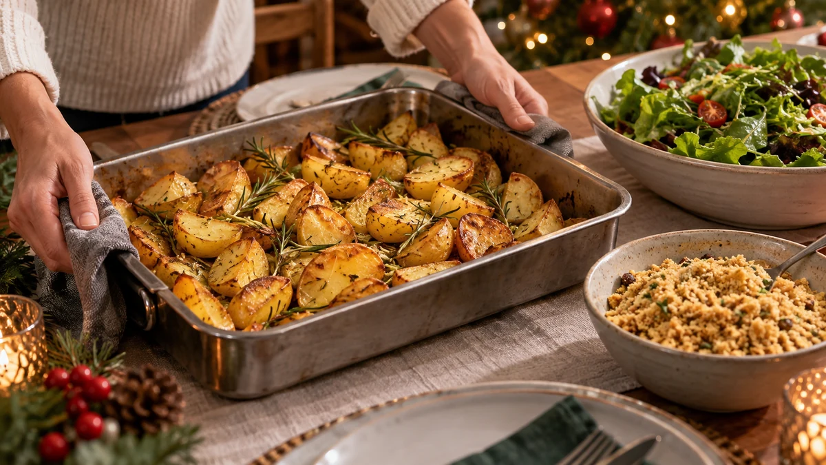 Golden rosemary potatoes with salad and farofa