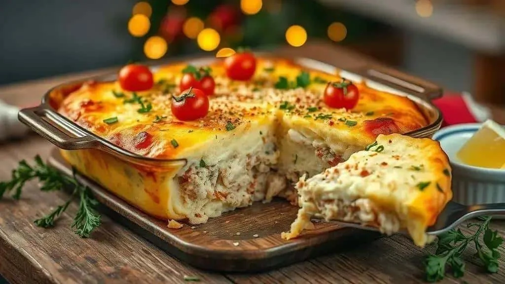 Golden salt cod and potato mash bake with a serving removed Golden salt cod and potato mash bake with a serving removed