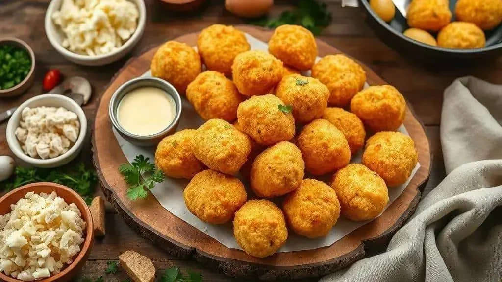 Golden salt cod croquettes on a serving plate