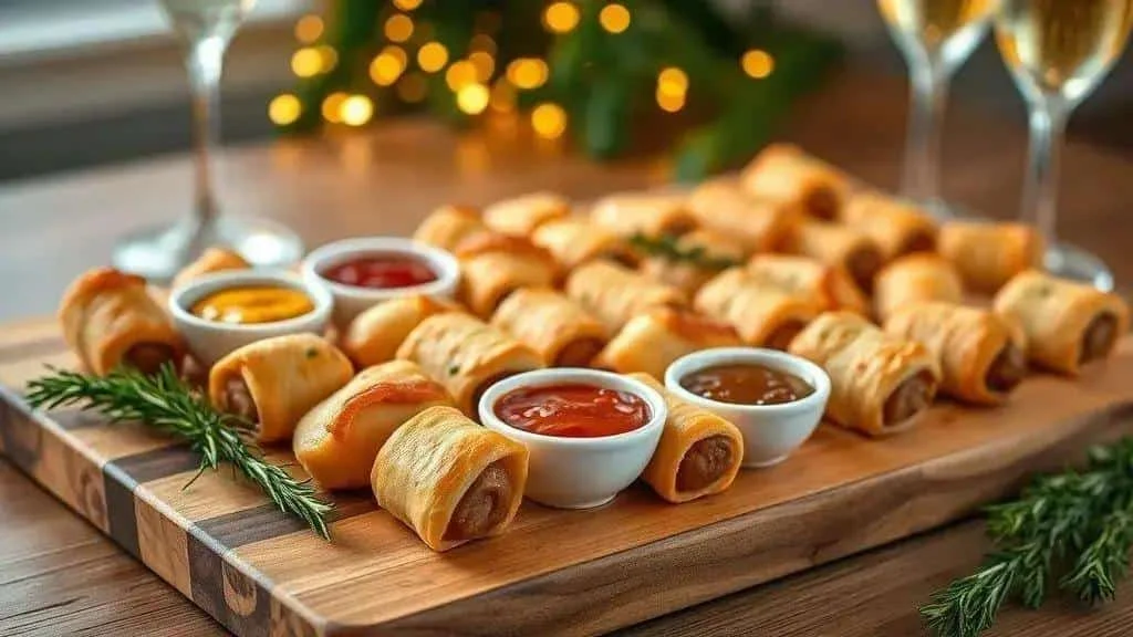 Golden sausage pastries on a serving platter
