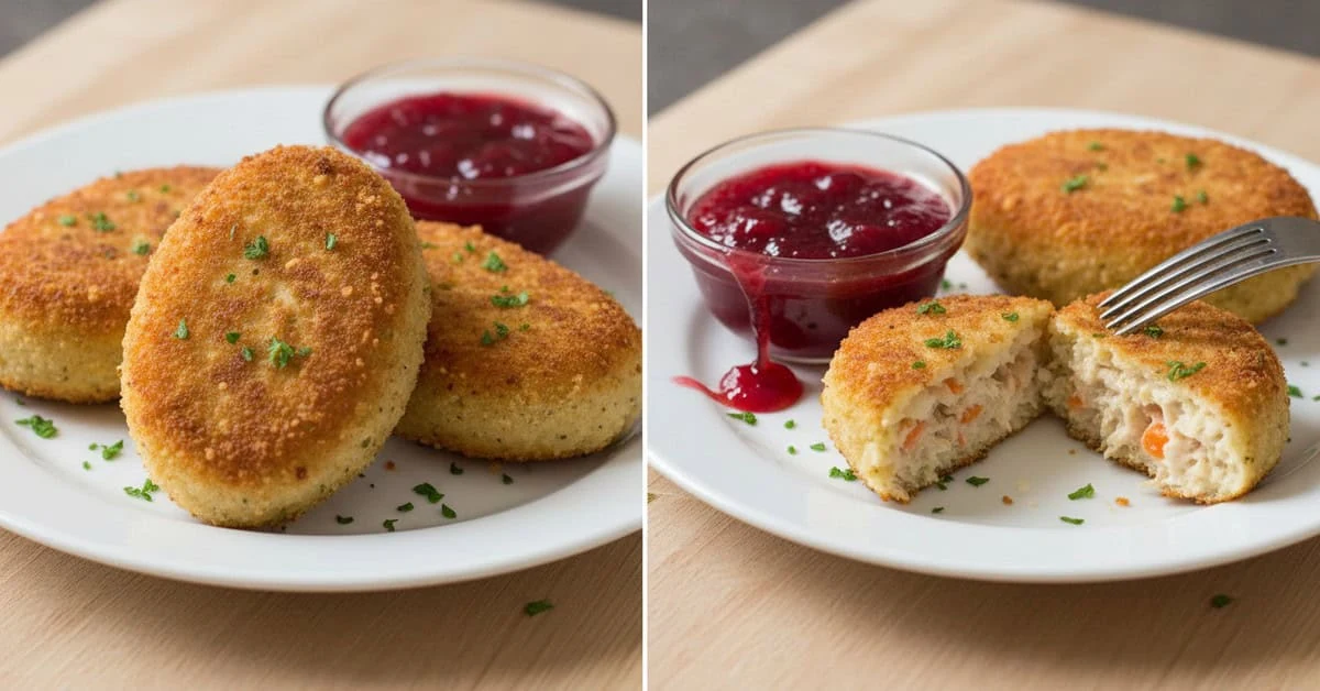 Golden savoury patties with cranberry sauce