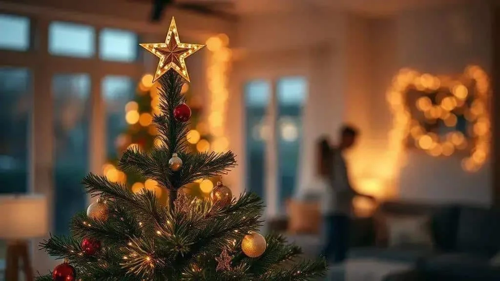 Golden star on a decorated Christmas tree