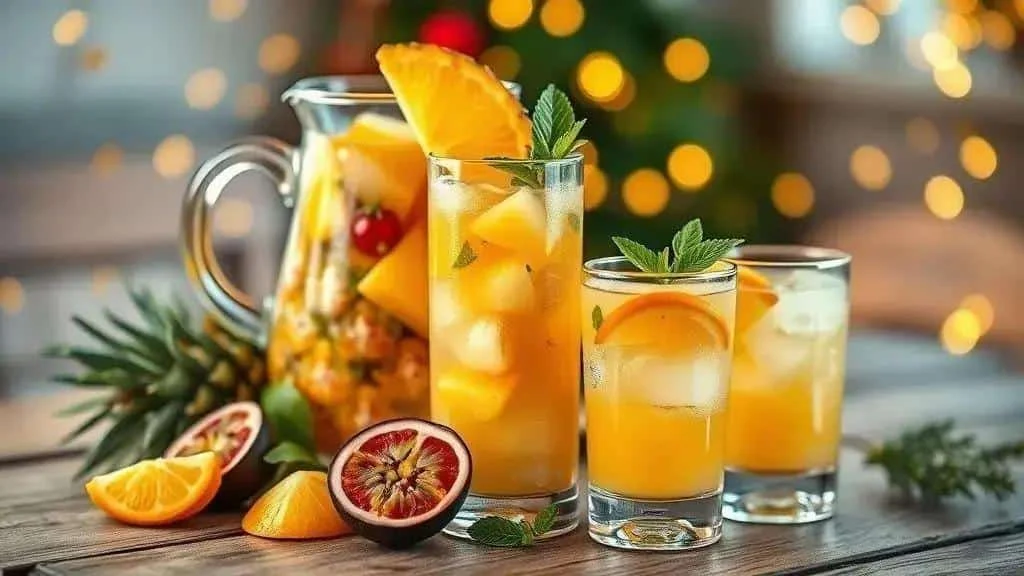 Golden tropical Christmas juice with fruit and mint