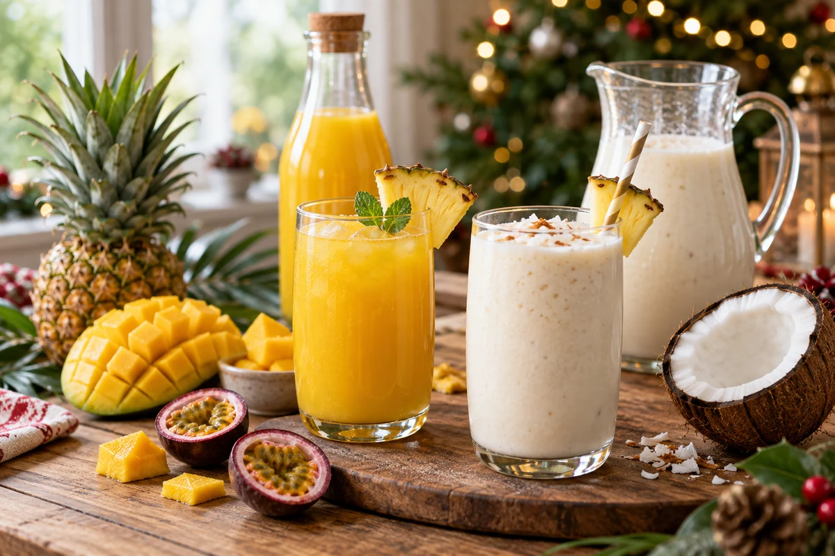 Golden tropical fruit juice and a creamy coconut variation