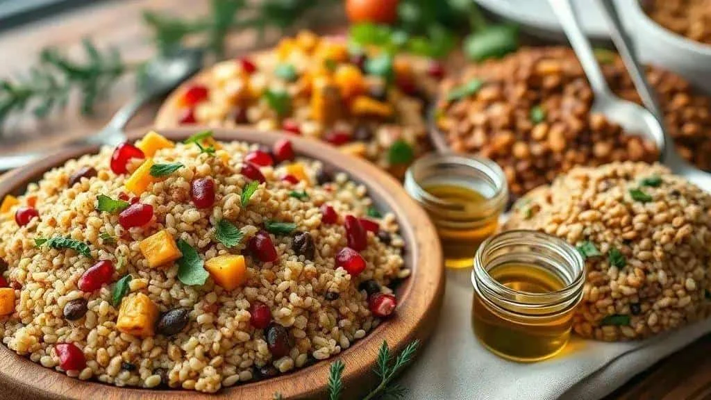 Grain salads with vegetables, herbs and pomegranate seeds