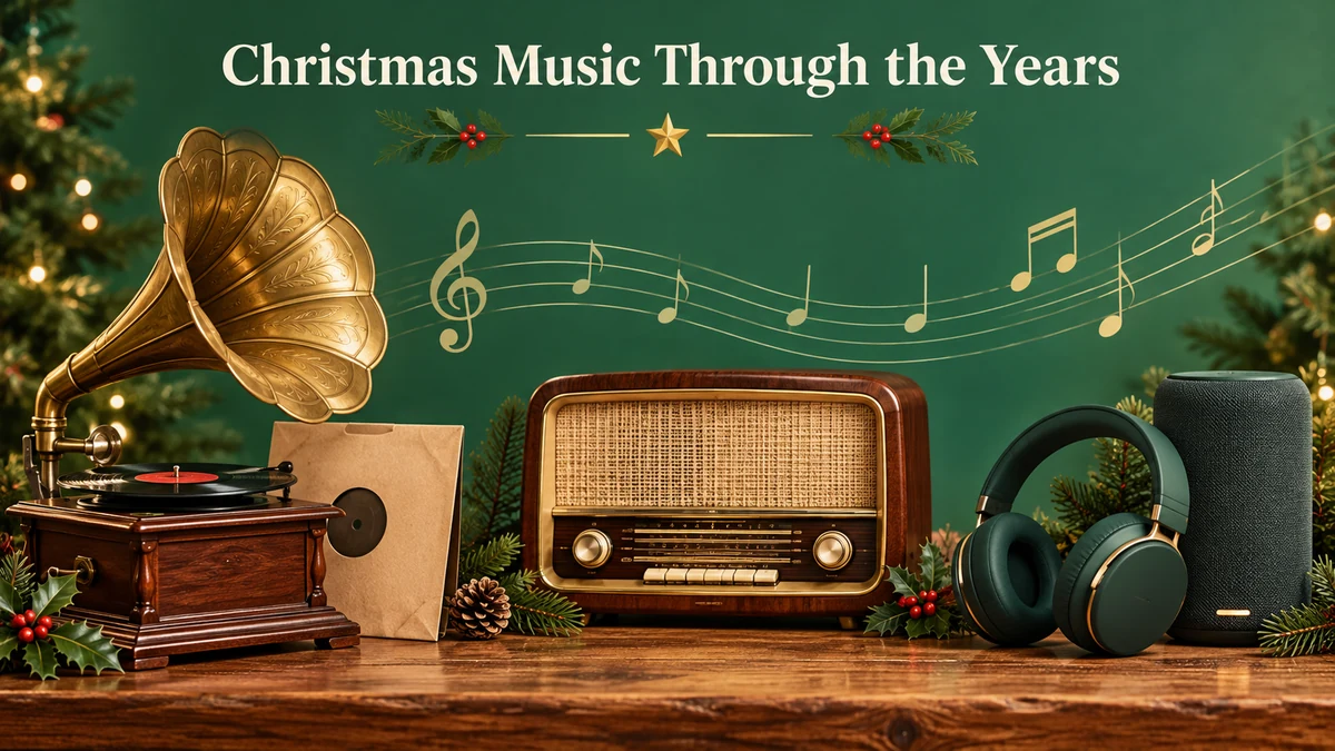Gramophone radio and headphones illustrating Christmas music through time