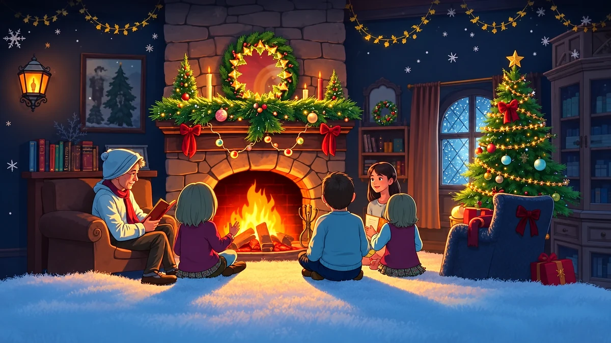 Grandmother and children reading in a festive room