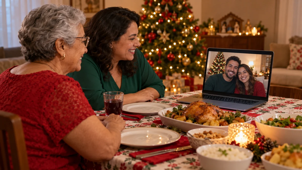 Grandmother and daughter greeting relatives on a Christmas video call Grandmother and daughter greeting relatives on a Christmas video call