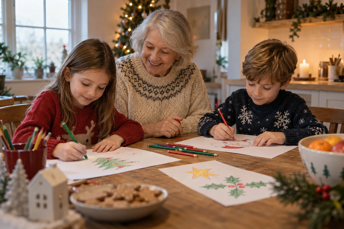 Grandmother and two children drawing at a kitchen table Grandmother and two children drawing at a kitchen table