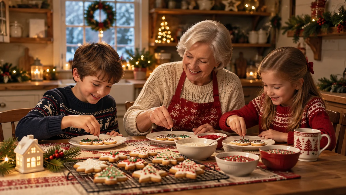 Grandparent and children decorating cooled Christmas biscuits Grandparent and children decorating cooled Christmas biscuits