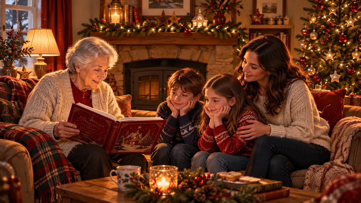 Grandparent and parent reading a Christmas story with children