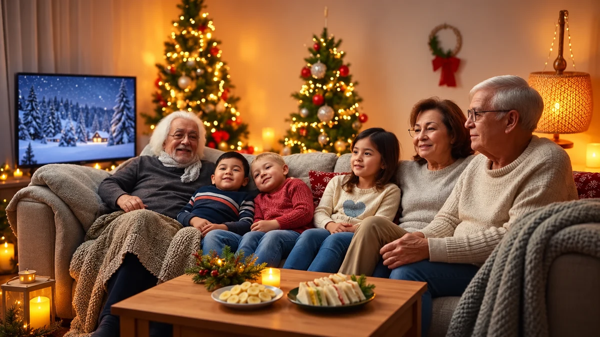 Grandparents and children sharing a cosy Christmas film night Grandparents and children sharing a cosy Christmas film night