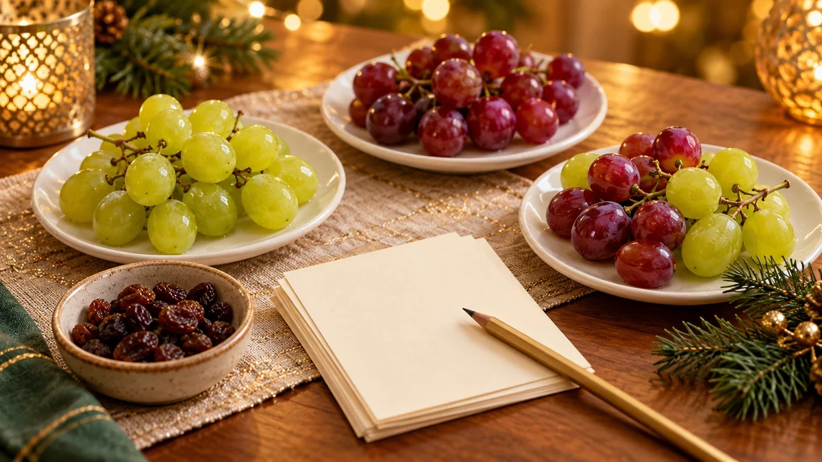 Grapes and blank wish cards for a New Year celebration