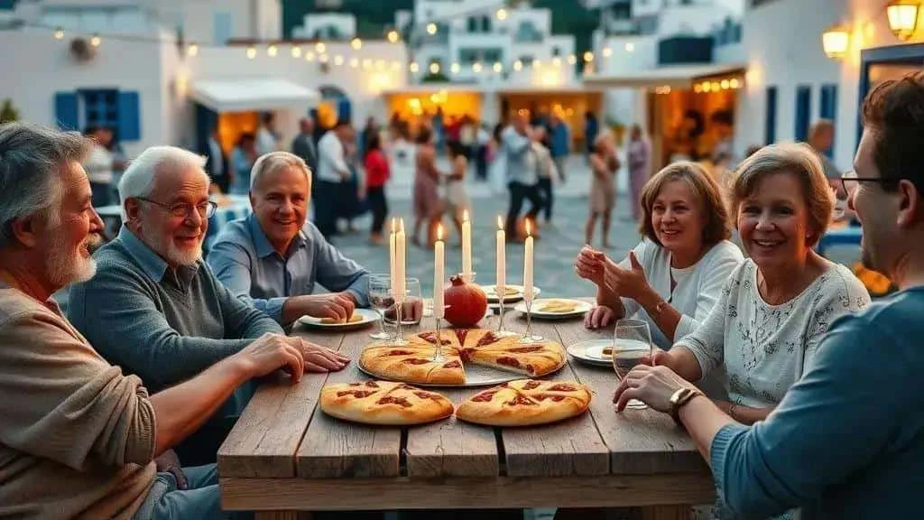 Greek-inspired town square with a festive gathering