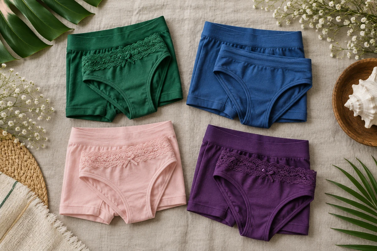 Green, blue, pink and purple underwear arranged on linen