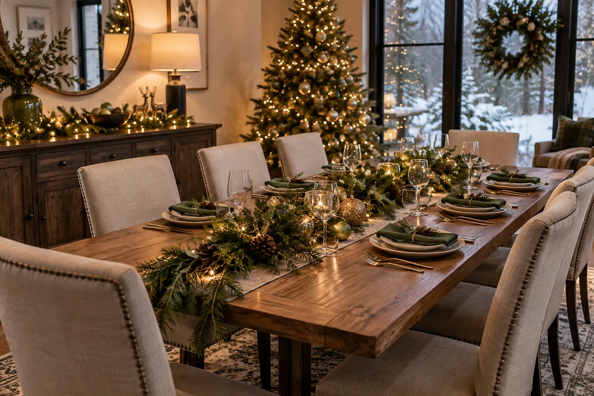 Green Christmas table runner and electric fairy lights